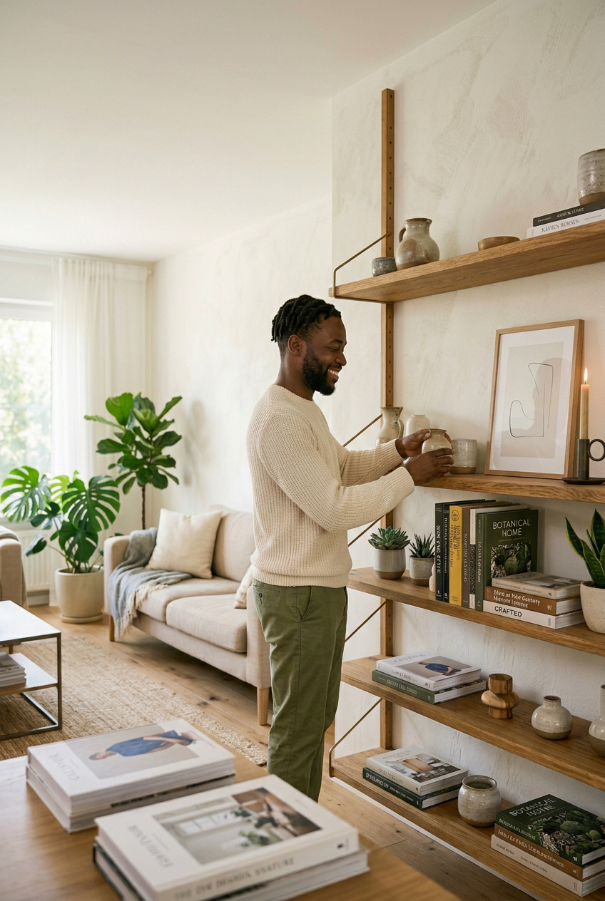 Homeowner carefully arranging items on a shelf in a well-kept living room