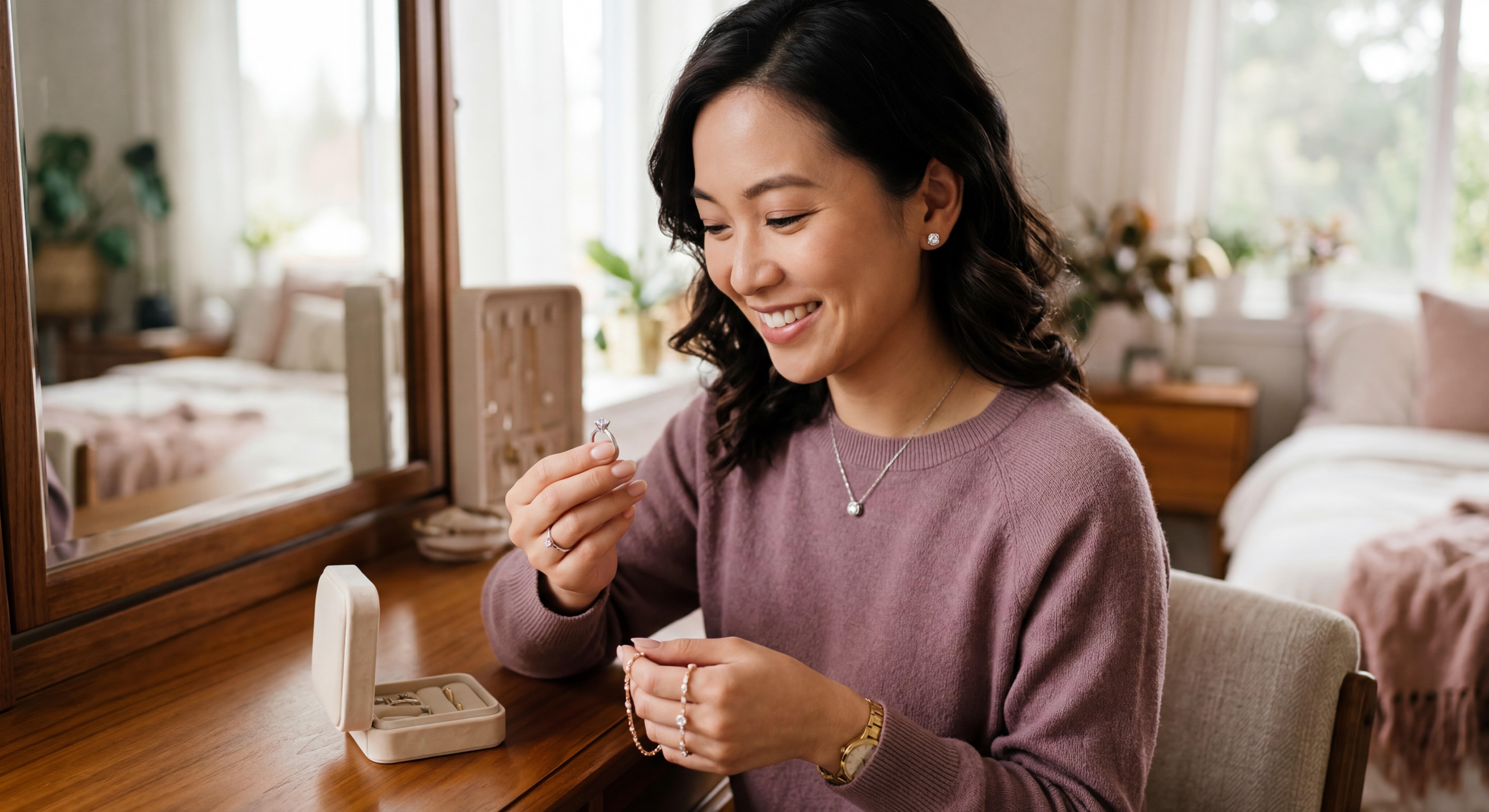 Woman admiring her jewelry collection at home