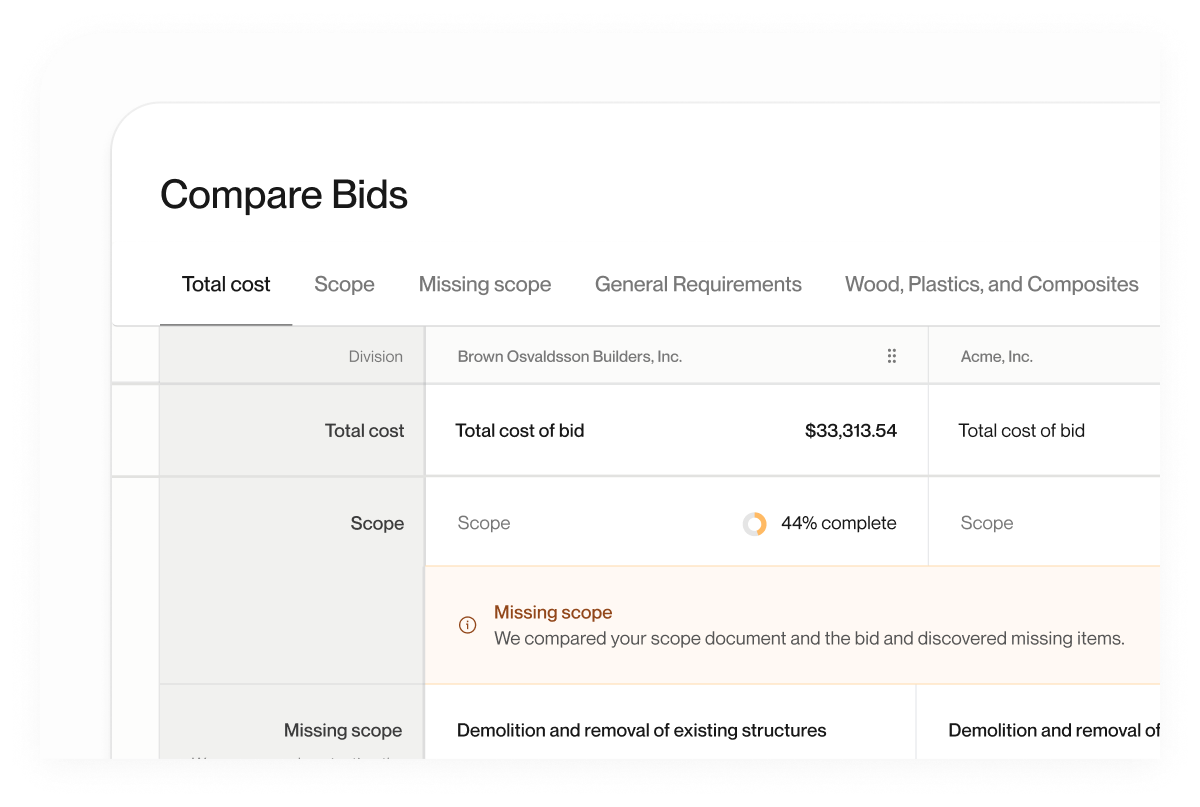 Compare Bids interface showing side-by-side contractor bid comparison