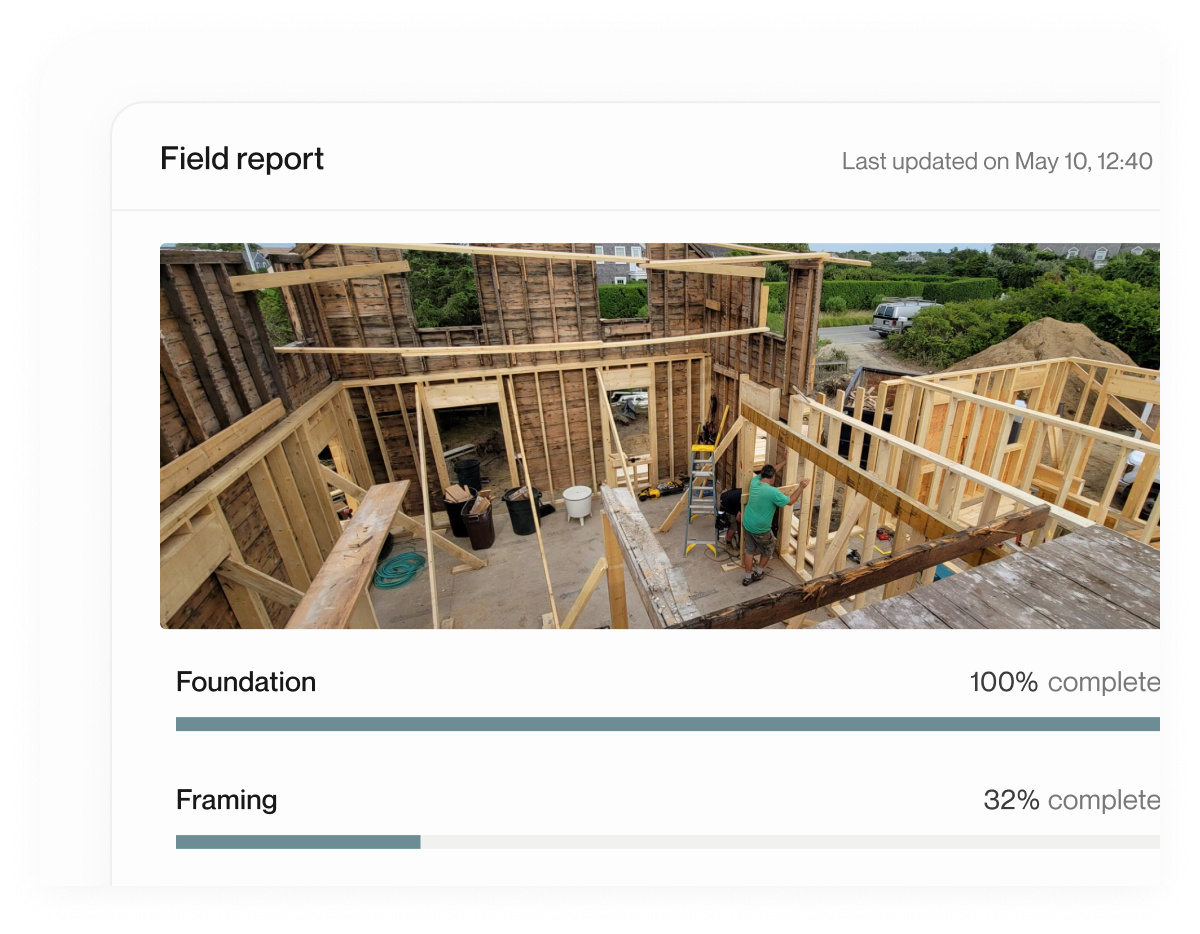 Field report interface showing project progress tracking with photo documentation