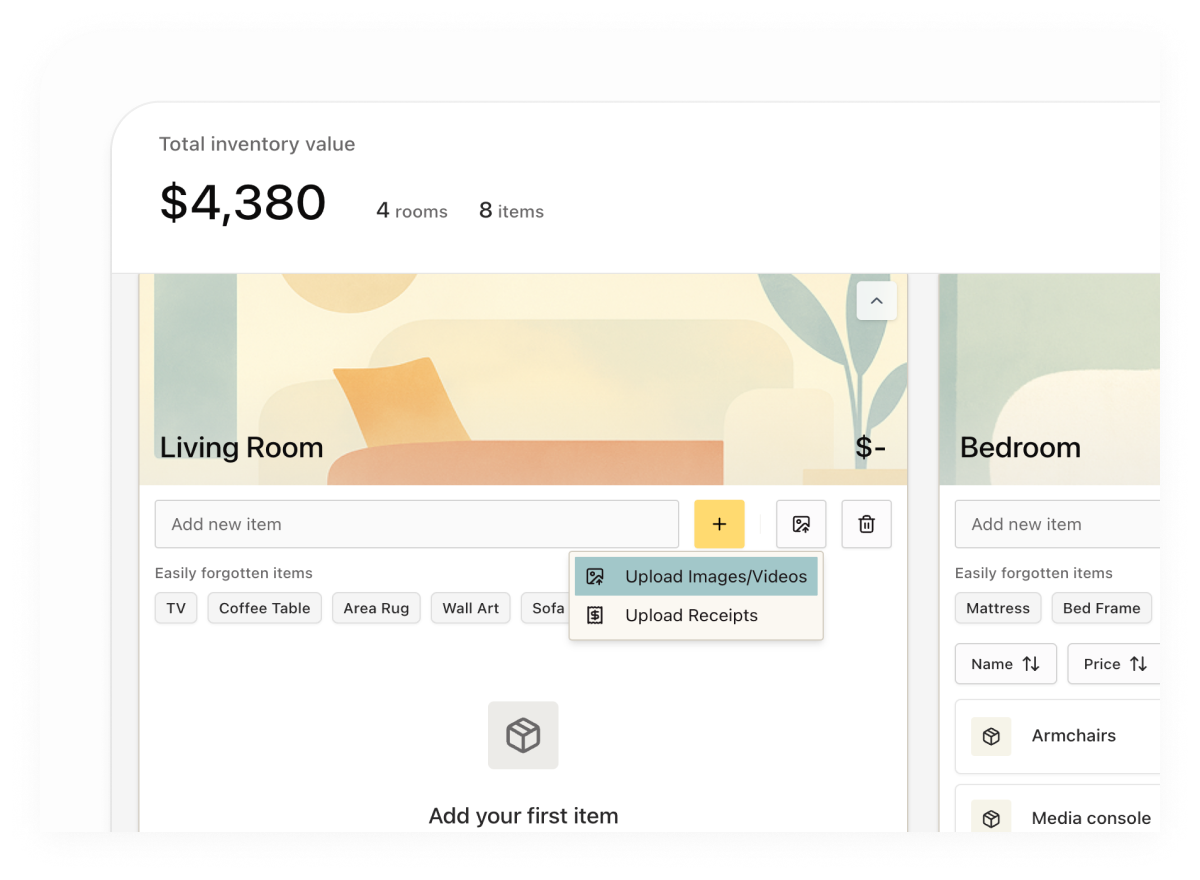 Home Inventory tool interface showing list of home contents for insurance documentation